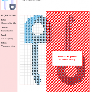 A cross-stitch pattern design of a screw, featuring light blue and red threads on a white aida fabric. The image shows a grid pattern with stitch counts.
