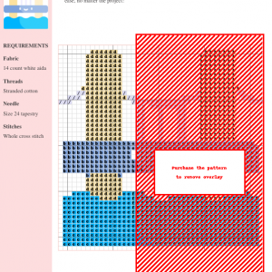 Cross-stitch pattern of a bridge featuring blue, beige, and red threads on 14-count white aida fabric.