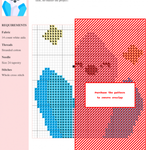 Cross stitch pattern chart showcasing a crystal design in shades of blue, red, and yellow on 14-count white aida fabric.