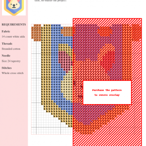 Image of an Easter bunny cross stitch pattern featuring a charming bunny design with orange, red, blue, and beige color scheme.