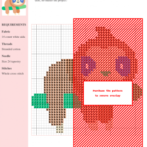 Cross-stitch pattern featuring a cute sloth design. The pattern uses brown, red, purple, and green threads on white aida cloth.