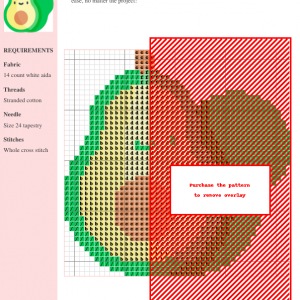 Cross stitch pattern chart of a cute avocado, showcasing greens, browns, and yellows. Includes materials list and instructions.