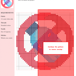Cross-stitch pattern featuring a circular design with predominantly pink and blue hues, resembling a stylized flower. The pattern uses whole cross stitches.