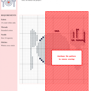 Cross stitch pattern design of a stylized dish with a heart, using grey and dark blue threads on white aida fabric.