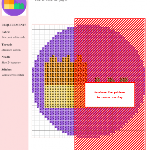 Cross-stitch pattern featuring a geometric design in purple, red, and orange tones. The image shows a color chart and key.