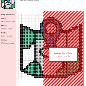 Cross stitch pattern of a stylized map, featuring various colors and a gridded design. DMC and Anchor thread color numbers are included.
