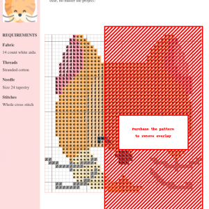Cross stitch pattern of a cute Bengal cat, featuring orange, cream, and gray color tones. The pattern includes a key with DMC and Anchor thread color numbers.