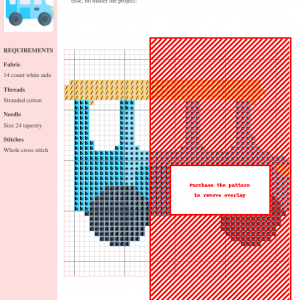 Cross stitch pattern design of a cute vehicle, featuring blue, gray, orange, and white threads on 14-count white aida fabric.