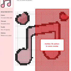 A cross-stitch pattern depicting a musical note with accompanying heart design, using pink and black threads on white aida fabric.