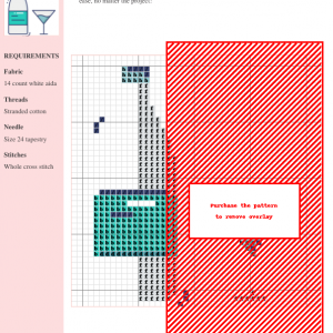Cross stitch pattern of a wine bottle and glass, featuring teal and navy blue threads on 14-count white Aida fabric.