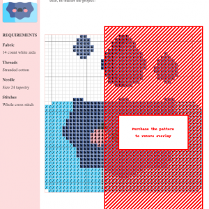 Cross-stitch pattern depicting an oil spill, featuring blue, red, and purple threads on white aida cloth. The design is abstract and modern.