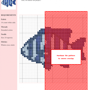 Cross-stitch pattern showcasing a detailed design of a fish, using shades of blue and white on a white Aida cloth. Clear gridlines and DMC/Anchor thread color codes are visible.