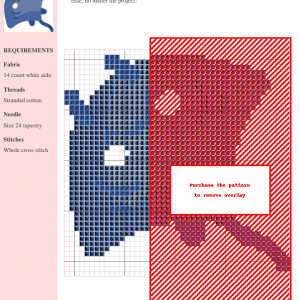 Cross stitch pattern design featuring a stingray in shades of blue, with a red overlay indicating the purchase is needed to view the full design.