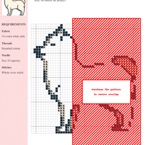 Cross stitch pattern design of a Pomeranian dog, featuring a charted design and material requirements.