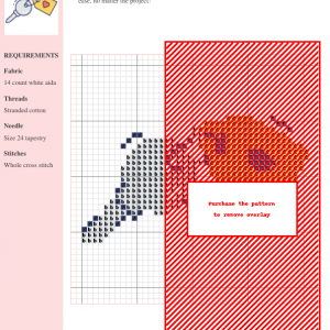 Cross-stitch pattern design depicting a room key, featuring a color key and grid pattern with instructions. Uses shades of red, orange and navy blue on white aida cloth.