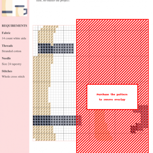 Cross stitch pattern design featuring a thermo design in beige and dark gray on white aida fabric. The full design is partially obscured by a red overlay.