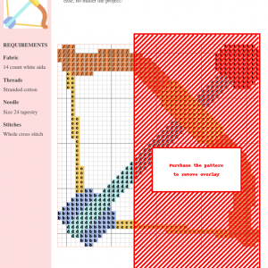 A cross-stitching pattern featuring a stylized Cupid design in warm and cool tones, ready to stitch.
