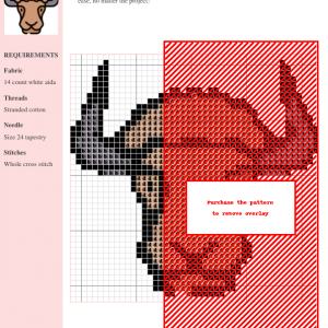 Cross-stitch pattern of a yak, featuring grey and red tones on white aida cloth. The design includes clear instructions and DMC/Anchor thread color numbers.