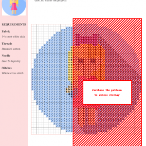 Cross stitch pattern chart featuring a design of a cute doll, utilizing various colors of stranded cotton thread on 14 count white Aida fabric.