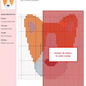 Cross stitch pattern chart featuring a Basenji dog in shades of orange, white, and light brown. The design includes clear instructions and DMC/Anchor thread color numbers.