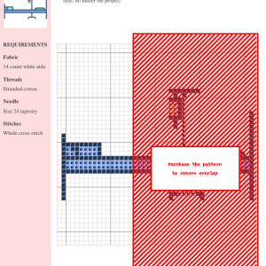 Cross-stitch pattern design of a bed, featuring a simple yet charming design with muted colors. The pattern includes a key and instructions.