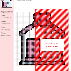 Cross stitch pattern design featuring a cute house with a heart, using pink and black threads on white aida fabric. Includes clear instructions and color key.