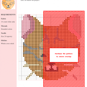 Cross stitch pattern chart depicting a Toyger cat, featuring a color key and grid.