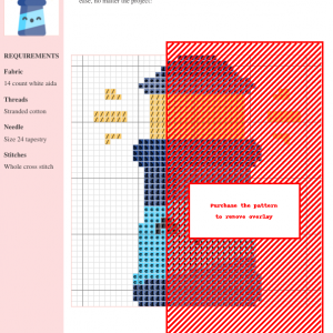 Cross stitch pattern design of a cute lighthouse in shades of blue, yellow, and red. Clear grid and color key are visible.