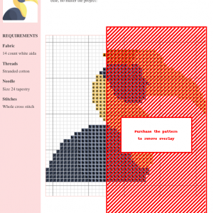 Cross stitch pattern featuring a colorful hornbill bird design, using shades of red, orange, gray and beige. The pattern includes clear instructions and DMC/Anchor thread color numbers.