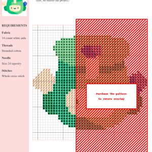 Cross stitch pattern chart depicting a cute backpack design in greens, browns, and purples, suitable for 14-count white Aida fabric.