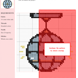 Cross stitch pattern design of a disco ball, featuring red, black, and light blue threads on white aida fabric. DMC and Anchor thread color numbers are included.
