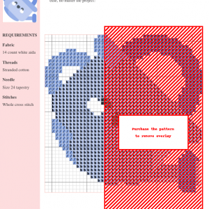 A cross-stitch pattern depicting a charming watering can, featuring a color palette of blues and reds. The pattern is presented on a grid for easy stitching.