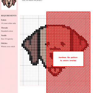 Cross stitch pattern design of a Labrador Retriever, showcasing brown and tan colors on white aida cloth. Includes a key and instructions.
