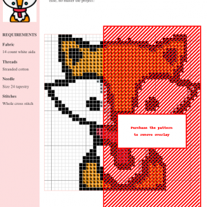 Cross-stitch pattern of a cute fox featuring orange, black, and white threads on 14-count white aida fabric.