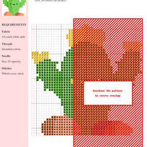 Cross stitch pattern chart featuring a cute cactus design in greens, oranges, and reds. Includes materials list and clear stitching instructions.