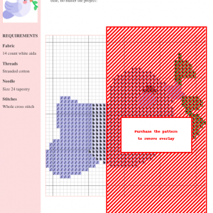 Cross-stitch pattern featuring a charming pigeon design, predominantly pink and purple on a red background. The pattern includes clear gridlines and color codes.