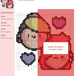 A cross-stitch pattern depicting a cute lesbian couple with hearts, using various colors on 14-count white Aida fabric.