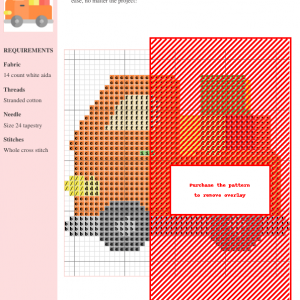 Cross stitch pattern depicting a charming pick-up truck in orange and gray, perfect for beginner stitchers.