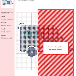 Cross stitch pattern chart depicting a charming campervan. The design uses shades of blue and grey on white aida cloth.