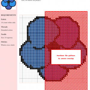 Cross stitch pattern of an African violet, featuring blue and red stitches on white aida cloth. Clear grid pattern visible.