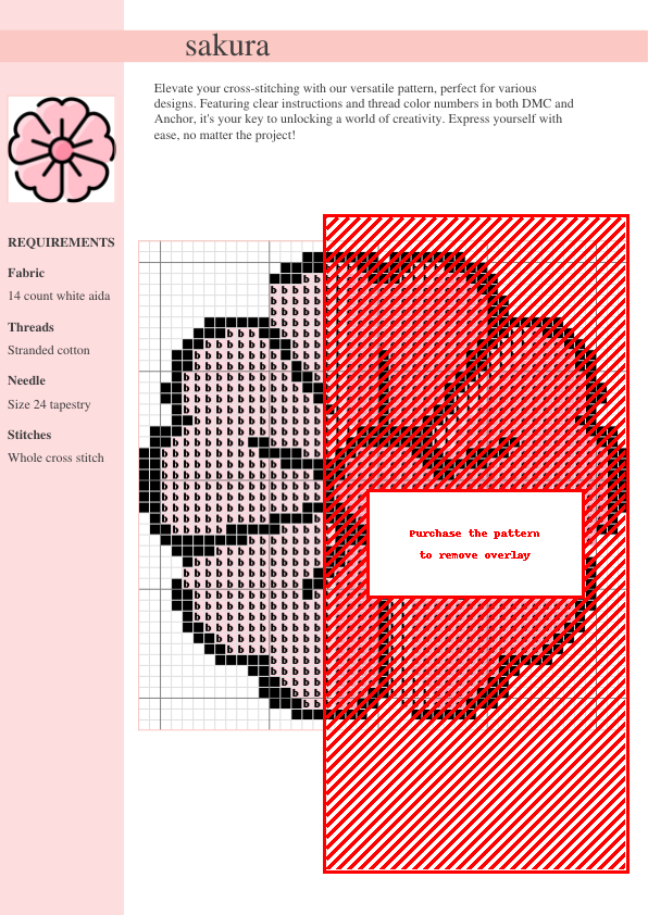 Cross stitch pattern of a pink sakura blossom, featuring a grid with symbols representing stitches. The design includes detailed shading.
