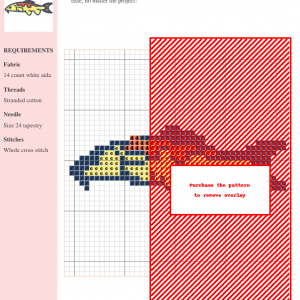 Cross stitch pattern of a Koi carp fish, featuring a detailed design with various colors on a gridded background.