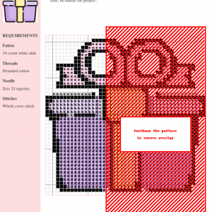 Cross stitch pattern of a gift box in pink, purple, and red. The design features clear grid lines and DMC/Anchor thread color numbers.