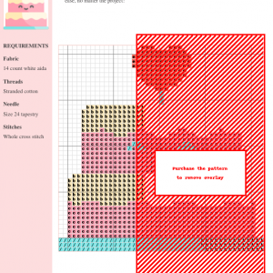 Cross-stitch pattern of a cute cake with pink frosting, featuring DMC and Anchor thread color numbers.