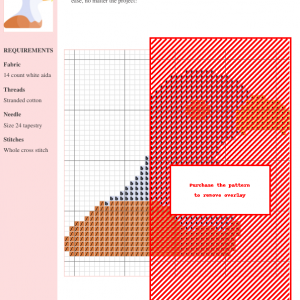 Cross stitch pattern featuring an eagle design in shades of red, orange, and brown on 14-count white Aida fabric. The pattern includes clear instructions and DMC/Anchor thread color numbers.