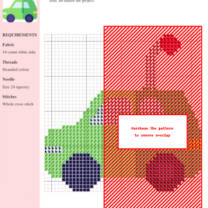 Cross stitch pattern of a vibrant RC car, featuring green, red, and purple threads on 14-count white aida fabric.