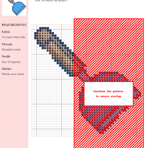 Image of the 'Chisel' cross-stitch pattern chart, showcasing a unique design using shades of blue and purple on white aida cloth. The design resembles an abstract shape.
