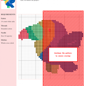 Cross-stitch pattern of a colorful toucan, featuring a detailed design chart with DMC and Anchor thread color codes.