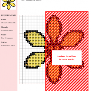 Cross stitch pattern featuring a stylized yellow flower on a red background. The pattern includes clear grid lines and color codes.