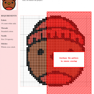 Cross stitch pattern of a cute robin wearing a red hat, featuring brown and red threads on white aida fabric. Simple design, perfect for beginners.